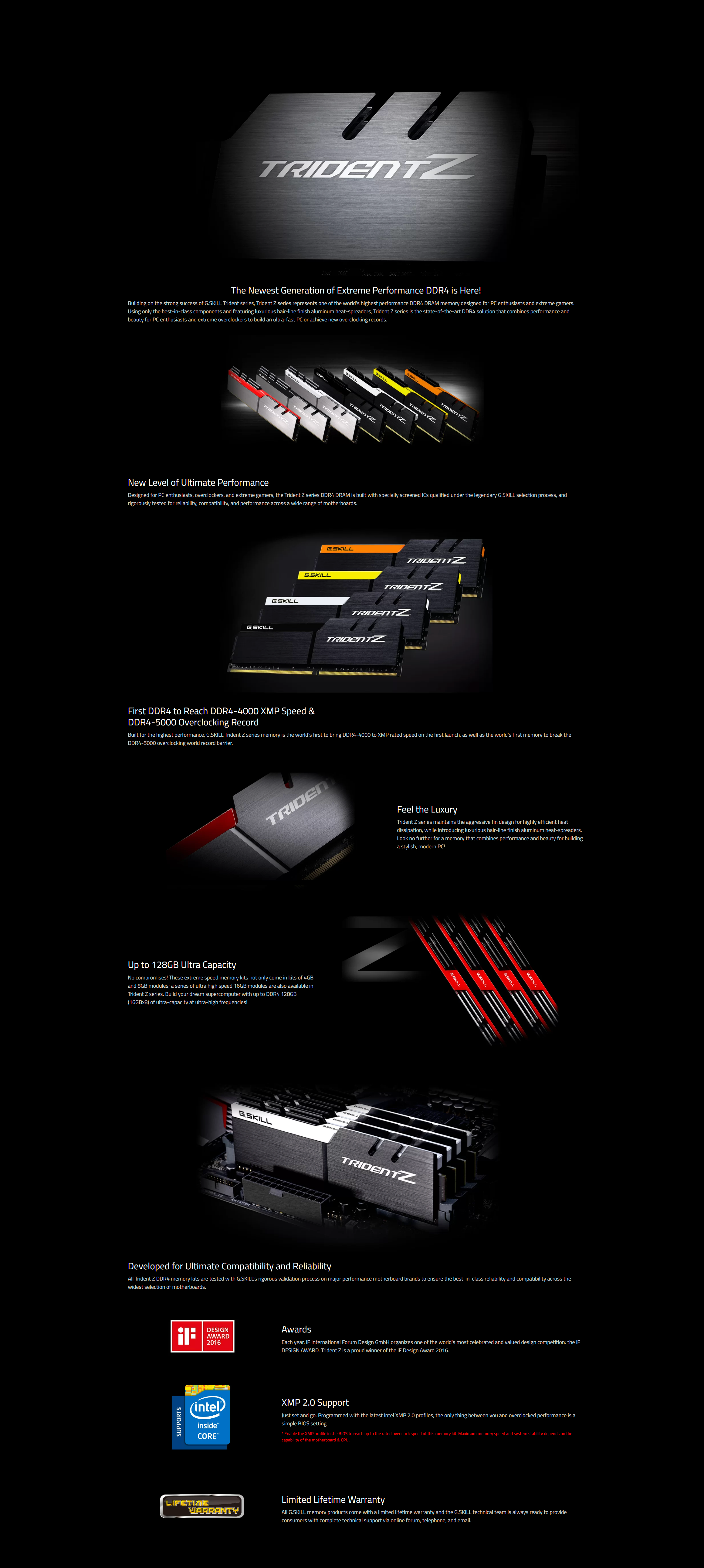 A large marketing image providing additional information about the product G.Skill 16GB Kit (2x8GB) DDR4 Trident Z C16 3200MHz - Black - Additional alt info not provided